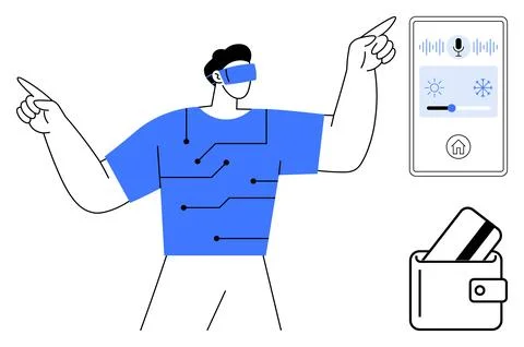 Man wearing a VR headset points at icons on interactive screen controlling li Illustrazione stock
