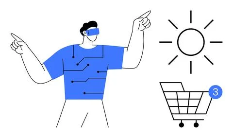 Man wearing VR headset points to VR elements thumbs up a sun and a shopping c イラスト素材