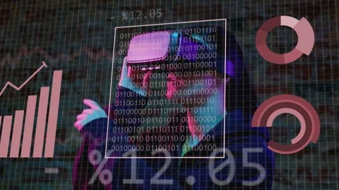 Man wearing VR headset raising hand and manipulating HUD charts forming widgets Stock Footage 333255995