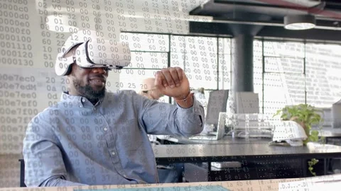 Man wearing VR headset raising hand, manipulating AR overlay, testing tech, Stock Footage 333485463