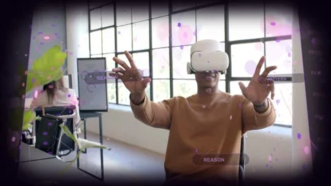 Man wearing VR headset raising hands and pinching, manipulating REASON PATTERN Stock Footage 333609659