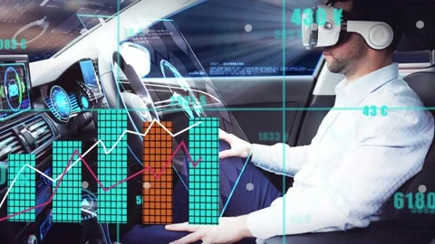 Man wearing VR or AR headset sitting in sedan, AR streaming data animating bar Stock Footage 329751917