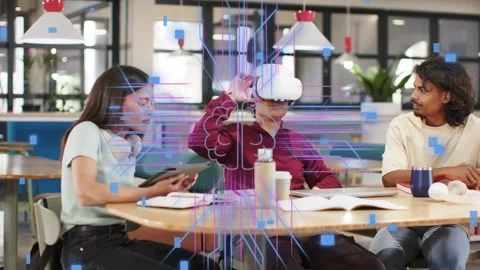 Man wearing white VR headset putting on, projecting brain icon and blue grid Stock Footage 334373297
