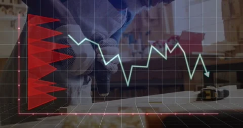 Man wearing work gloves drilling plank in woodshop, showing red bar chart and Stock Footage 328466867