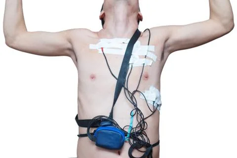 A man wears a Holter device, a device for daily ECG monitoring. Treatment of  Stock Photos