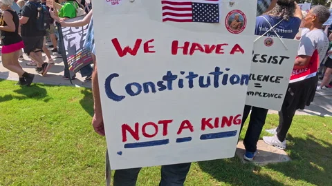 Man wears pro Constitution sign at Workers Over Billionaires protest Vídeo Stock 317512572