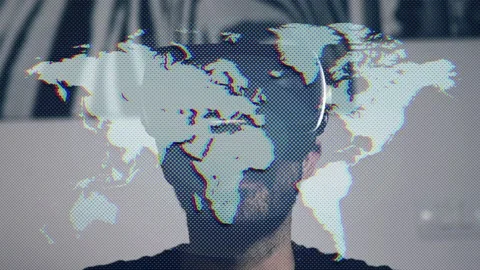 Man wears virtual reality goggles and looks at world map in augmented reality Stock Footage 165170167
