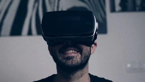 Man wears virtual reality goggles. AR Augmented reality concept with transition Stock Footage 165170201