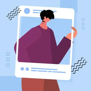 Man in web browser window guy taking photo and posing in social networks Stock Illustration