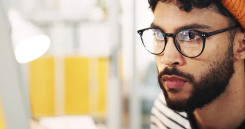 Man, web designer and glasses with computer for software development, coding or Stock Footage 308450555