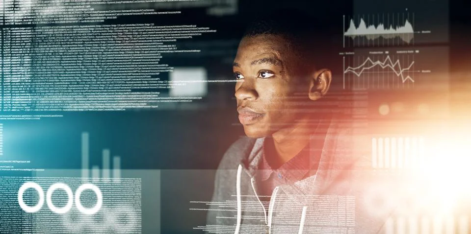 Man, web developer and coding overlay with statistics for fintech app, reporting 스톡 사진