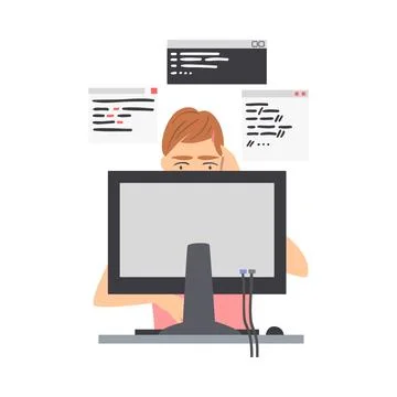 Man Web Developer or Programmer Working In Front of Computer Screen Vector 库存插图
