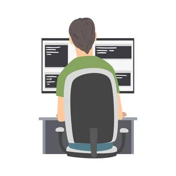 Man Web Developer or Programmer Sitting and Working In Front of Computer Screen 库存插图