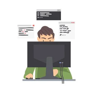 Man Web Developer or Programmer Working In Front of Computer Screen Vector 库存插图
