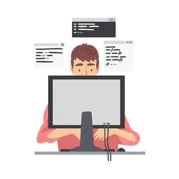 Man Web Developer or Programmer Working In Front of Computer Screen Vector Stock Illustration