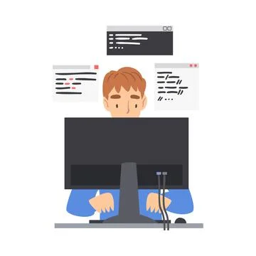 Man Web Developer or Programmer Working In Front of Computer Screen Vector Stock-Illustration