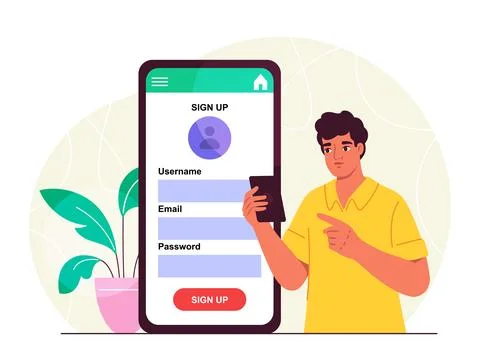 Man with website registration. Young guy with smartphone enters login and 스톡 일러스트