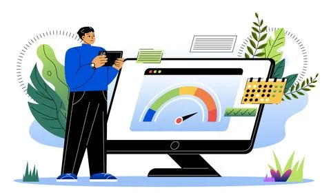 Man with website test. Young guy with tablet near computer with Internet speed Stock Illustration