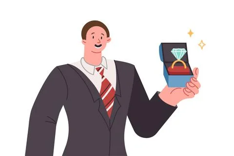 Man with wedding ring in box proposes marriage, wanting to marry beautiful girl. Stock Illustration