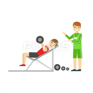 Man Weight Lifting With Personal Trainer, Member Of The Fitness Club Working Out Stock Illustration