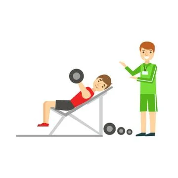 Man Weight Lifting With Personal Trainer, Member Of The Fitness Club Working Out Stock Illustration