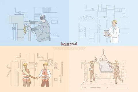 Man welding pipes in factory, constructing engineer checking equipment, const Stock Illustration