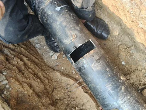 A man is welding a thick iron pipe. Stock Photos