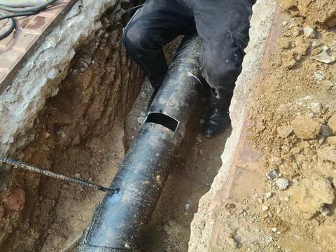 A man is welding a thick iron pipe. Stock Photos