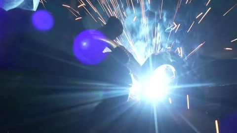 Man Welding in Workshop Sparks Metalwork Construction Industry. Stock Footage 309168578