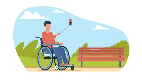 Man in wheelchair takes selfies in city park. Happy character with disabilities Stock Illustration