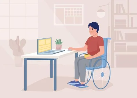 Man in wheelchair working on computer flat color vector illustration Stock Illustration