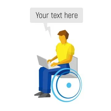 Man in wheelchair working with computer. With text bubble. Stock Illustration