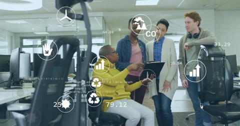 Man wheeling tablet tapping performance charts, office team watching and Stock Footage 315544039