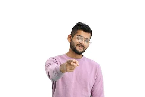 A man, on a white background, in close-up, points forward Stock Photos