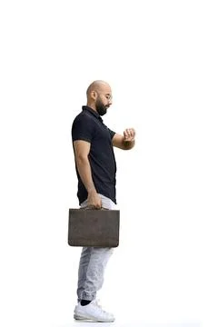 A man, on a white background, in full height, with a briefcase Stock Photos