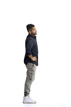 Man, on a white background, full-length, hands on hips 스톡 사진