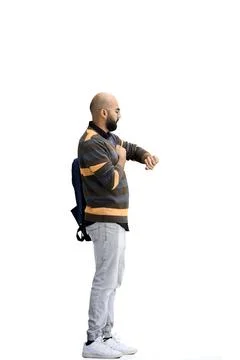 A man, on a white background, full-length, with a backpack Stock Photos