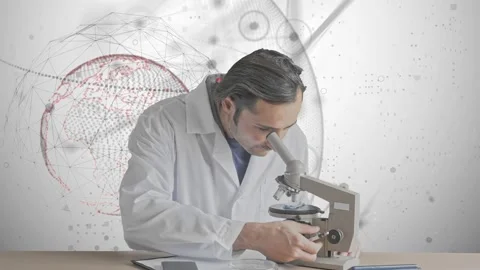 A man in a white coat is doing research with a microscope against the backdrop o Video stock 233030068