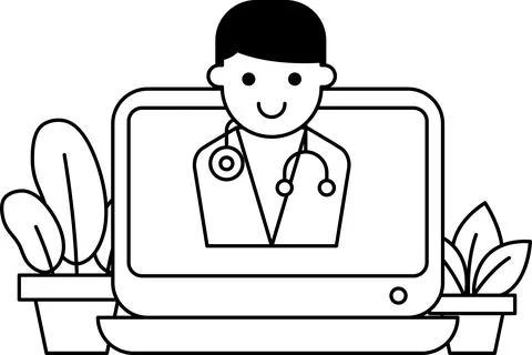 A man in a white coat is sitting in front of a computer screen Stock Illustration