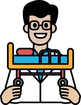 A man in a white lab coat is holding a hospital bed Stock Illustration