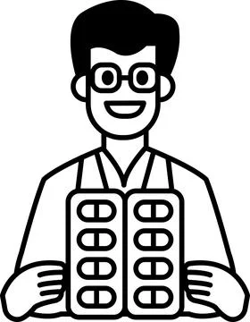 A man in a white lab coat holding a pill bottle Stock Illustration