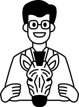 A man in a white lab coat is holding a zebra's head Stock Illustration
