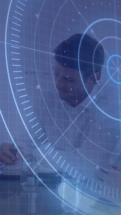 Man in white lab coat reviewing notes, colleague writing on pad activating HUD Stock Footage 333020732