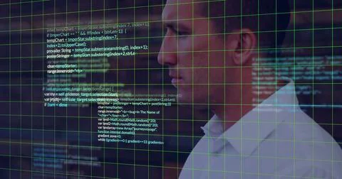 Man in white shirt gazing at code overlay and green grid in high-tech lab, copy Photos