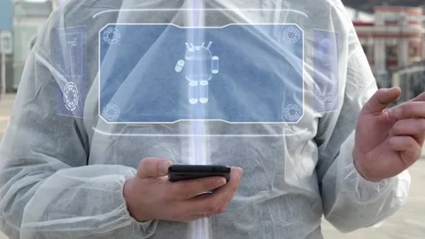 Man in white with simple modern robot Stock Footage 150089326