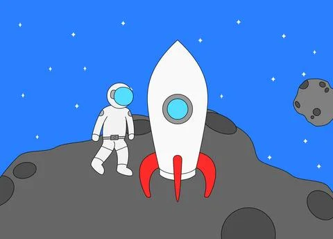 Man in a white spacesuit is walking on asteroid Stock Illustration