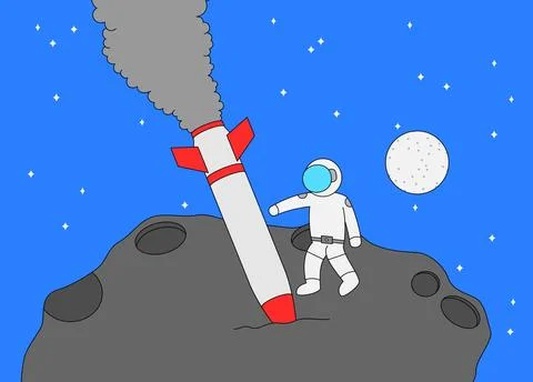 Man in a white spacesuit is walking on asteroid Stock Illustration
