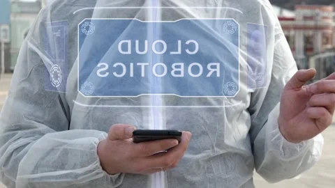 Man in white with text Cloud Robotics Stockbeeldmateriaal 145466863