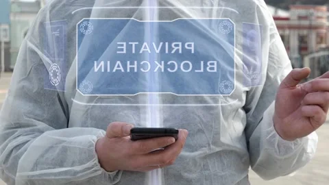 Man in white with text Private Blockchain Stock Footage 146012688