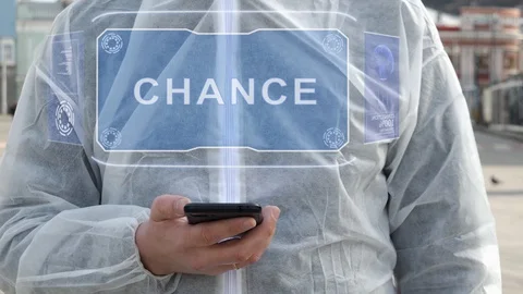 Man in white uses holographic text Chance Stock Footage 128933448